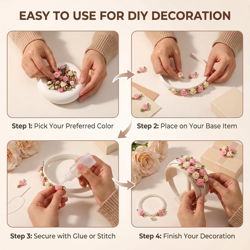 100 Pcs Mini Satin Ribbon Rose for Crafts