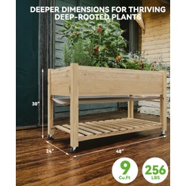Elevated Raised Garden Bed 48x24x32 Inch - Mobile Wood Planter Box with Locking Wheels, Bottom Storage Shelf & Waterproof Liner - Tall Outdoor Gardening for Herbs, Veggies - Natural Wood