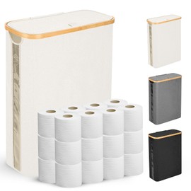 Odonata Large Toilet Paper Storage Basket with Lid, Slim Toilet Paper Organizer, Hold up to 20 Regular Rolls or 15 Mega Rolls. (Beige, 49L)