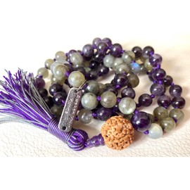 Amethyst and Labradorite Mala Necklace with 5 Mukhi Rudraksha, Birthstone for Pisces Aquarius, Third Eye Throat Chakra Jewelry