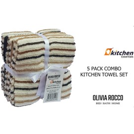 Olivia Rocco 5 Pack Striped Kitchen Tea Towels Cotton Super Absorbent Quick Drying Soft Ribbed Waffle Pot Towel, Natural