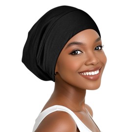 Joyhabit Satin Bonnet for Sleeping, Black, Breathable Modal Cotton Outside and Silk-Like Smooth Satin Inside for Women and Men, All-Season Stylish Design with Adjustable Strap