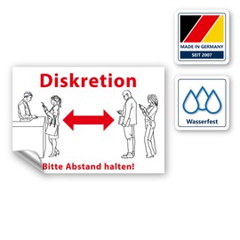 Sticker Discretion "Bitte Abstand halten!" Warning UV-Resistant and Waterproof PVC 300 x 195 mm Also for Outdoor Use (Red)