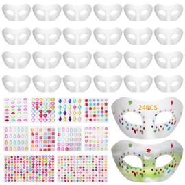 COSYOO 24 PCS Paper Mache Masks with Gem Stickers, Blank Masks Decoration Set with Self Adhesive Jewels Stickers, Half Face Art White Craft Masks for Party Cosplay