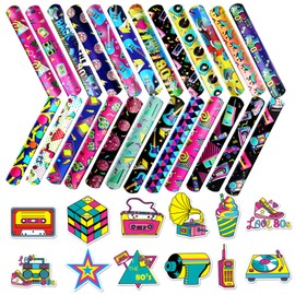 QZYCMHOO 74PCS 80s 90s party decorations 50PCS Retro Theme Stickers&24PCS Slap Bracelets 80s 90s Birthday Supplies Team Gift Filler for Adults