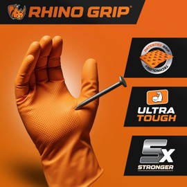 RHINO GRIP Nitrile Gloves - Disposable Gloves, Diamond Grip Orange Gloves - Powder-free & Latex Free Nitrile Gloves, Extra Thick & Ultra Tough Gloves (1, Large)