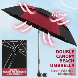 NBtoUS 48.6" Double Canopy Beach Umbrella with Clamp, UPF50+ Beach Chair Umbrella with clip, 360°Adjustable Portable Outdoor Wheelchair, Patio, Golf Carts,Camping(Wine Red/Black)