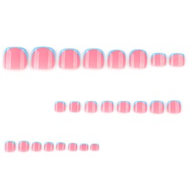 24 Pcs Pink Press on Toenails Short,YIHONGYAN Simple Design Fake Toe Nail Press ons Blue French Toe Nail Tip Acrylic Kit Glue on Nails Full Cover False Toenails Glossy Stick on Toenails for Women