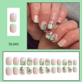 LPOODDNU 24Pcs Square Press on Nails Short Fake Nails Green French False Nail Tips Full Cover Stick on Nails Refreshing Acrylic Nails with Flower Bee Designs Glue on Nails for Women Spring Manicure