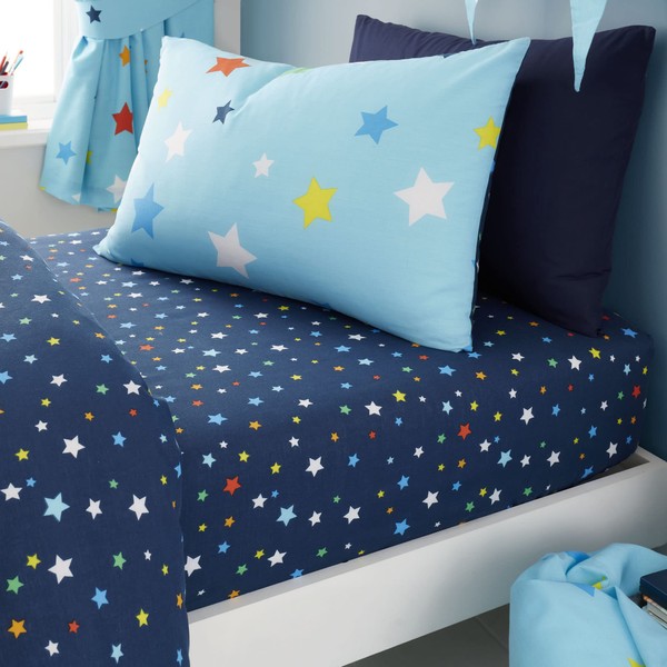 Happy Linen Company Girls Boys Kids Multi Stars Blue Toddler Cot Bed Reversible Extra Pair Of Toddler Pillow Cases