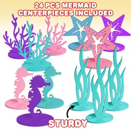 24 PCS Mermaid Centerpieces for Tables - Felt Mermaid Table Decorations - Centerpieces for Under the Sea, Mermaid, and Ocean Themed Party Decor - Starfish, Coral, Seahorse, and Seagrass Designs