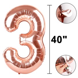 Rose Gold Number 3 Balloon 40 Inch,Foil Mylar 3 Number Balloons 13 23 30 33 Numbers Balloon Birthday Anniversary Decorations Photo Props Decorations Supplies