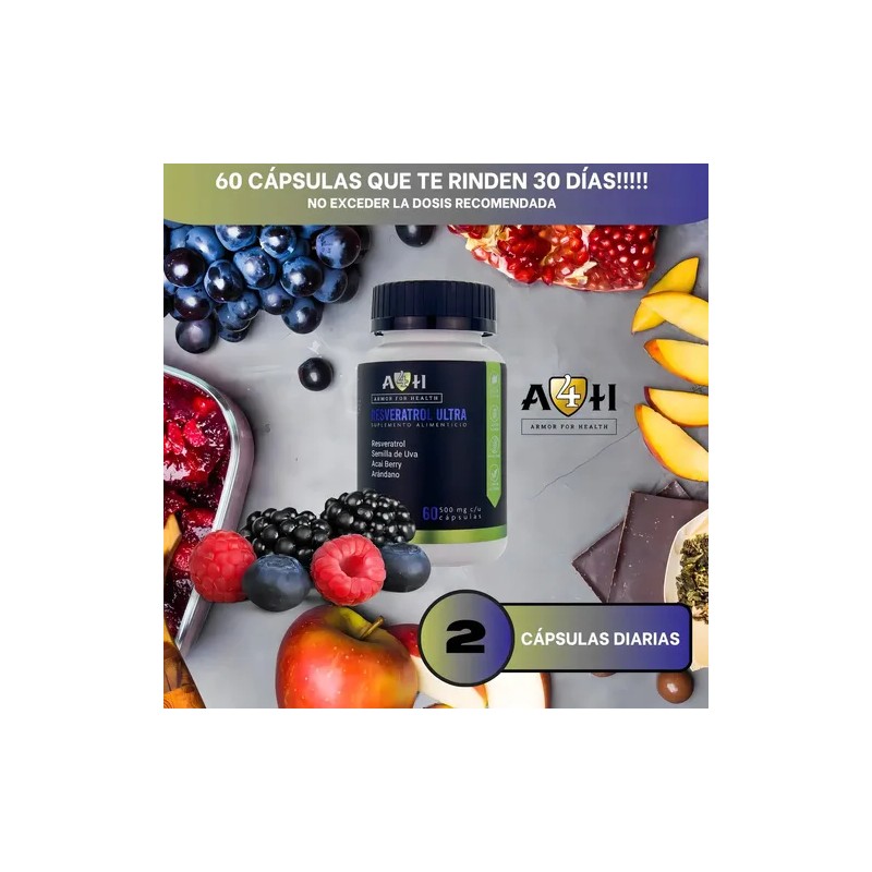 Suplemento Resveratrol A4H Acai Arándano Semilla Uva Sin Sabor 60