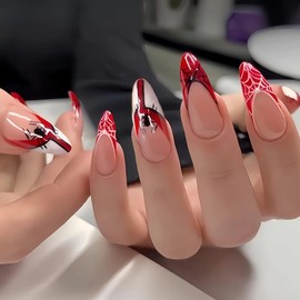 BABALAL Acrylic Press on Nails Medium Almond Fake Nails Red French Tip Glue on Spider Goth Y2k Design 24Pcs Glossy Manicure False Nails for Women Girls