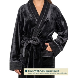 PAVILIA Soft Plush Women Fleece Robe, Cozy Warm Bathrobe, Fuzzy Female Long Spa Robe, Black, Large-X-Large