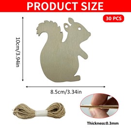 30PCS Unfinished Wood Squirrel Cutout Embellishments with Natural Twine Gift Tags DIY Craft for Home Party Decoration Craft Project