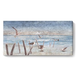 Beach Wall Art for Living Room Modern Ocean Theme Canvas Print Seaside Seagull Painting Abstract Coastal Picture Perching Bird by The Sea Shore Framed Artwork for Bedroom Bathroom 32x16inch