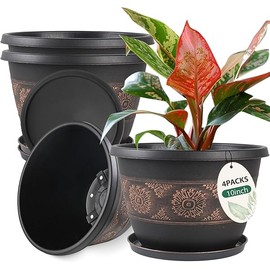 4 Pack 10 inch Plant Pots, Retro Pattern Planters with Drainage Holes and Saucer, Sturdy Plastic Garden Flower Pots for Indoor & Outdoor Plants
