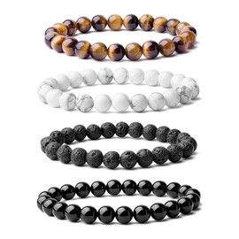 GEVEAY Tiger Eye Bracelet For Men 8MM Natural Stone Beads Bracelet Set Stretch Adjustable Lava Rock Howlite Black Crystal Beaded Bracelet for Men Women Gifts