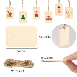 Pack of 100 Wooden Pendants, Wooden Gift Tags, Wooden Hearts, Rectangle, Rectangle Wooden Pendants with 2 m Jute Cord for DIY Crafts, Wedding, Christmas, Thanksgiving