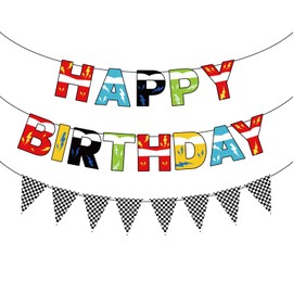 Racing Car Birthday Banners, Pre-Strung Racing Car Themed Happy Birthday Banner with Checkered Pennant Flag Baby Shower and Themed Party Favors and Decorations