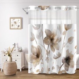 CTOTSYC - Juego de cortinas de ducha con forro floral, sin ganchos, con forro a presión, cortina de baño de tela de flores de acuarela café con ventana superior transparente, 71 x 84 pulgadas