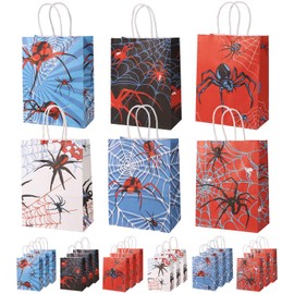 Tinoaly 24pcs Spider Party Favors Bags, 6 Styles Double Sided Spider Web Goodie Treat Candy Gifts Bags with Handle Red Blue White Black Design Perfect Decorations and Party Favors
