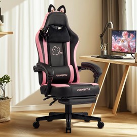 Gaming Chair with Footrest, Comfy Girly Video Game Chairs with Cat Ears Pocket Spring Cushion Massage Lumbar Support & Headrest, Ringing Accessories Cute Leather Ergonomic Computer Chair, Black/Pink