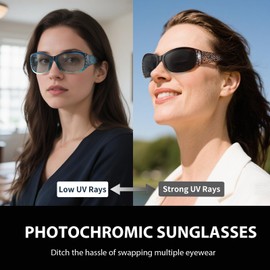 TJUTR Photochromic Polarised Sunglasses Womens with UV400 Protection Adaptive Lens and Rhinestone Decoration Wave Pattern Temple for Driving, Sports & Everyday Use