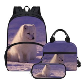 Zoo Animal Print Backpack Set Arctic Fox Schoolbag Lunch Box Pencil Pen Case 3 In 1 Combo Set