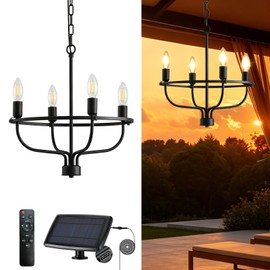 SADALAK Solar Chandelier Outdoor, 4-Light 15.7" Hanging Pendant Light Fixture, Waterproof Solar Powered Dimmable Farmhouse Outdoor Decor Lighting for Gazebo, Pergola, Porch, Patio, Outside, Indoor