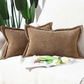 Madizz Brown Corduroy Cushion Covers with Fringe Edge 12x20 inch, 30x50 cm, Set of 2 Soft Boho Striped Pillow Covers Broadside Decorative Textured Throw Pillows for Sofa Bedroom Pillow Shell