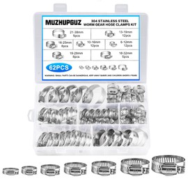 304 Stainless Steel Hose Clamps Assortment Kit, 62Pcs 1/4-2 in (6-38mm) Adjustable Worm Gear Pipe Hose Clamps, Automotive, Washing Machine, Mechanical
