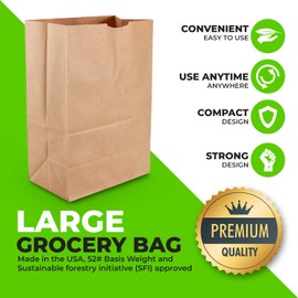 PrimeSaver Large Paper Grocery Bags - 52lb Kraft Brown Heavy Duty Sack - 52 Lbs Basis Weight Tote - 100 Count