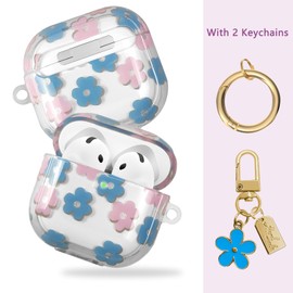 AIIEKZ Compatible with AirPods 4 Case Cover 2024, Soft TPU with Cute Flower Pattern for AirPods 4th Generation Case with Flower Keychain and Cleaning Kit for Girls Women (Blue)