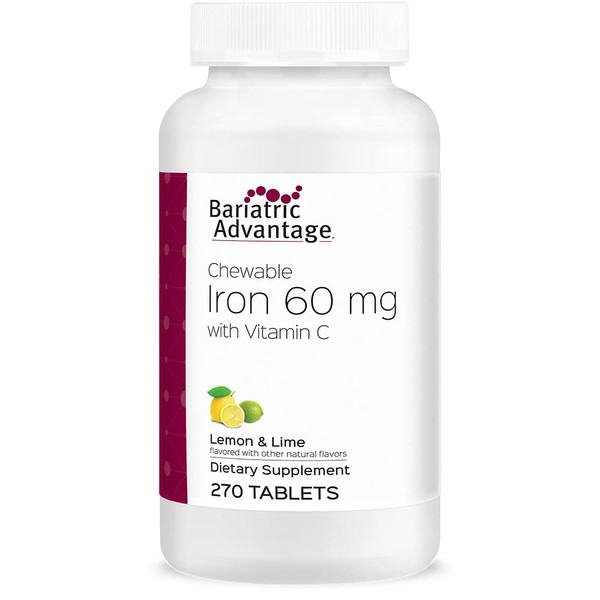 Bariatric Advantage Chewable Iron 60 mg with Vitamin C for Increased Absorption and Utilization, Easily Digestible for Gastric Bypass and Sleeve Gastrectomy Surgery Patients - Lemon Lime, 270 Count