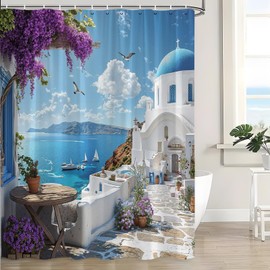 JOFKAXU Santorini Shower Curtain Greece Island Purple Flower European City Architecture Ocean Coastal Beach Village Natural Scenery Bathroom Curtain with Hooks