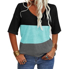 Danedvi Women Fashion V-Neck Raglan Half Sleeves T Shirt Color Block Casual Loose Basic Tops
