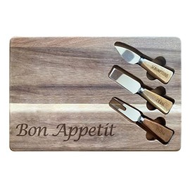 ReLIVE Engraved Wooden “Bon Appetit” Charcuterie Board & Utensil Set - 12”x16” - Includes Knives and Fork