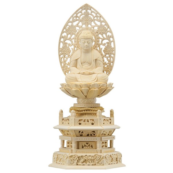 Butsudanya Takita Shoten Buddha Statue, Supervised by the Great Buddha Master "Hokari Kodo (Soto Sect and Rinzai Sect), White Wood, 2 inch (Height 9.7 inches x Width 11.5 cm))◆ Honzon Buddha Statue for Buddhist Altar, Wood Carving (Certificate issued by 