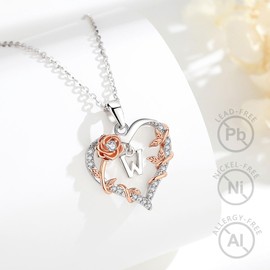 EUDORA Harmony Ball Heart Rose Necklace with Letter W for Women with Cubic Zirconia, Silver Letter Chains Initials Necklace Alphabet Pendant Jewellery with Name Gifts for Women Mother Daughter 18