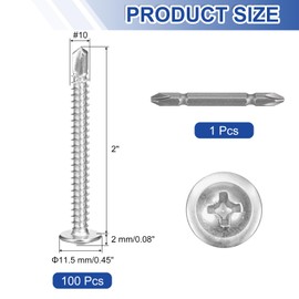 sourcing map 100Pcs #10x2" Self-Tapping Screws, 410 Stainless Steel Phillips Self Drilling Flat Head Sheet Metal Screws for Industry, Furniture Repair, Silver