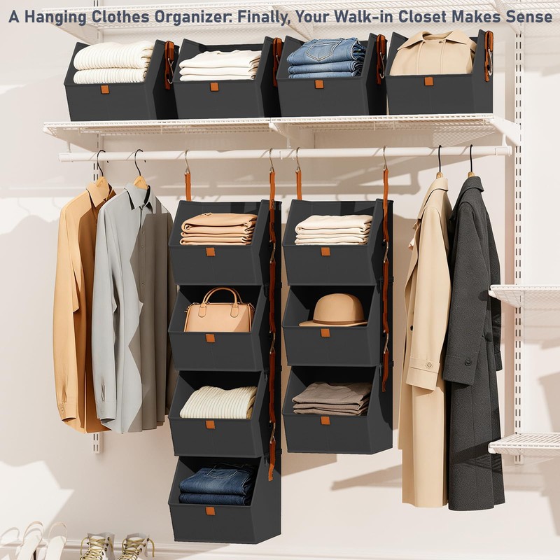 DIMJ Hanging Closet Organizer - 4 Tier Collapsible Hanging Shelves