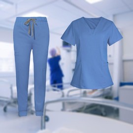 Baoblaze Female Scrub Set, Durable Short Sleeves v Neckline Top and Pants Work Clothing (M, Sky Blue)