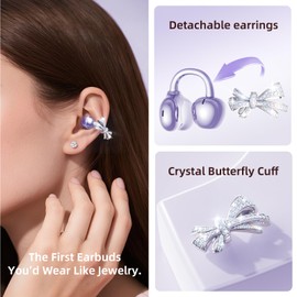 Kinglucky Stylish Open-Ear Clip-On Earbuds with Jewelry Bow Earrings, Lightweight & Comfortable Fit, Fashionable Open-Ear Buds Headphones for Women, Ideal for Work, Running, and Daily Wear Purple