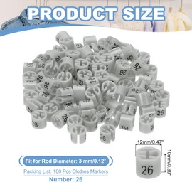 PATIKIL 100 Pcs Clothes Hanger Markers Number 26 Tags Fit 3mm Rod Garment Size Tag Hanger Clips Round Color Coding Label for Clothing Hangers, Gray