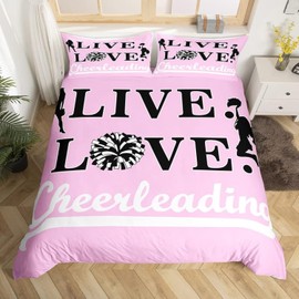 Cheer Bedding Set Single Girls Cheerleading Comforter Cover Set for Kids Teens Adults Cheerleader Duvet Cover Pink Cheer Sports Bedspread Cover 2Pcs With 1 Pillow Case