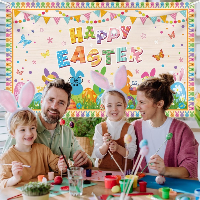 6x3.6ft Happy Easter Banner Cute Easter Bunny Style Backdrop for