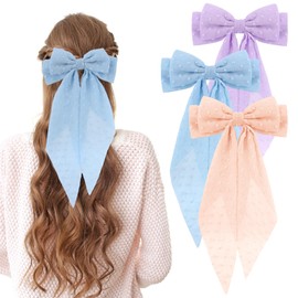 TIESOME Silky Large Hair Bows, 3 Pieces Large Ribbons Hair Clips, Fabric Bow Metal Claw Clips, Long Tail French Hair Clip with Long for Adults, Teenagers, Women, Hair Accessories