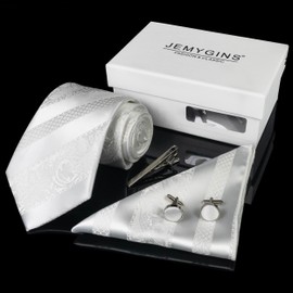 JEMYGINS Striped Luxury Necktie with Clip, Cufflinks and Pocket Square, Gift for Business, Job Hunting, Wedding, School Entrance Ceremonies, Graduations, After-Parties, Father's Day, Gift Box Included, Pure White, M